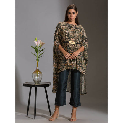 Soup By Sougat Paul Kaftaan Printed Sequence Top With Belt With Bottle Green Pants (Set of 3)