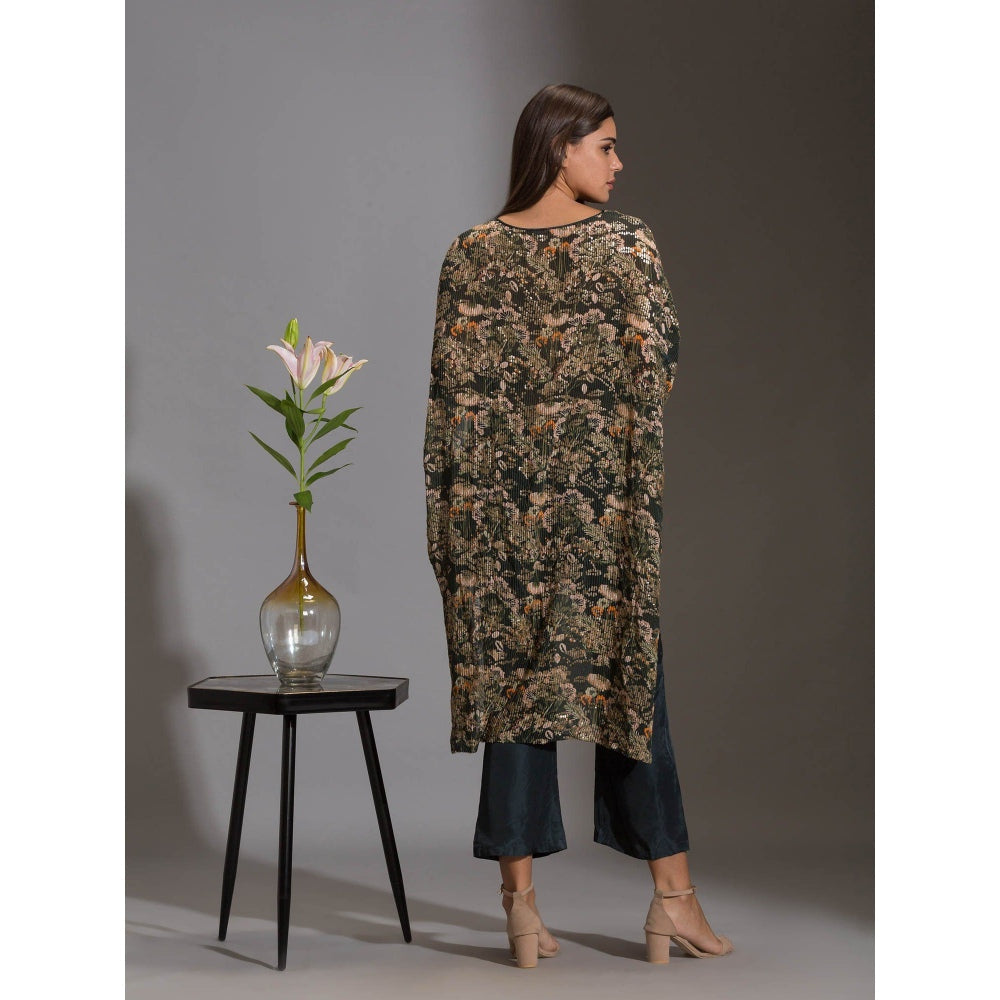 Soup By Sougat Paul Kaftaan Printed Sequence Top With Belt With Bottle Green Pants (Set of 3)
