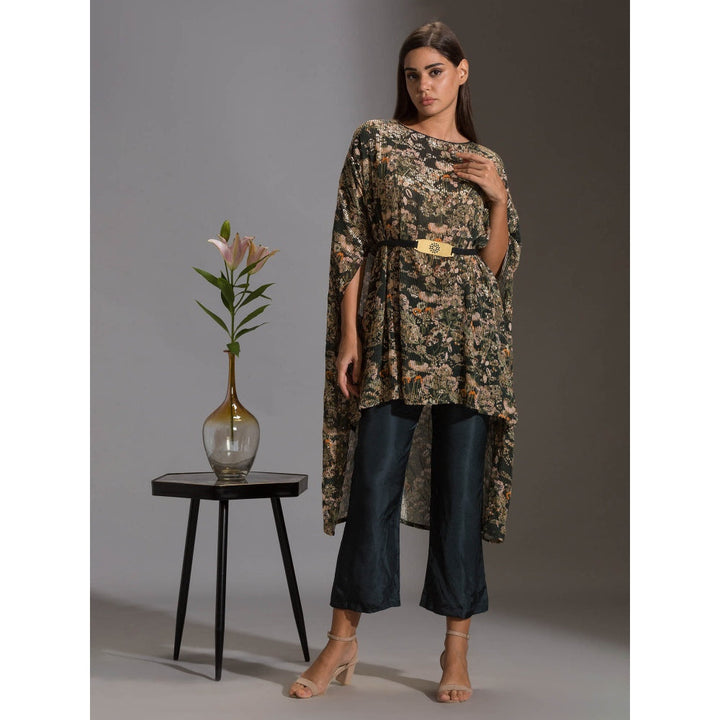 Soup By Sougat Paul Kaftaan Printed Sequence Top With Belt With Bottle Green Pants (Set of 3)