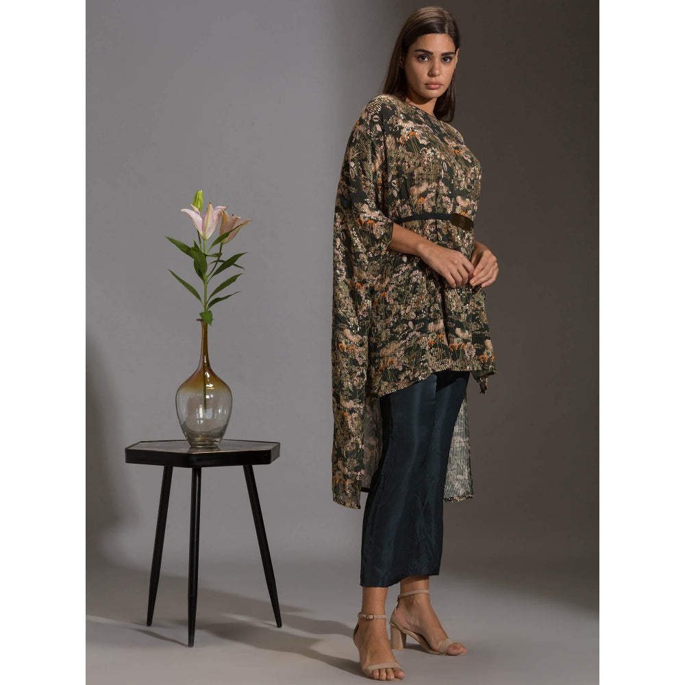 Soup By Sougat Paul Kaftaan Printed Sequence Top With Belt With Bottle Green Pants (Set of 3)
