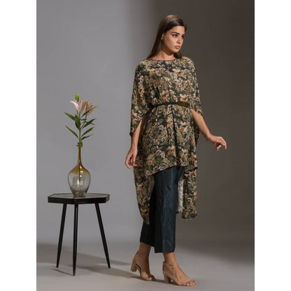 Soup By Sougat Paul Kaftaan Printed Sequence Top With Belt With Bottle Green Pants (Set of 3)