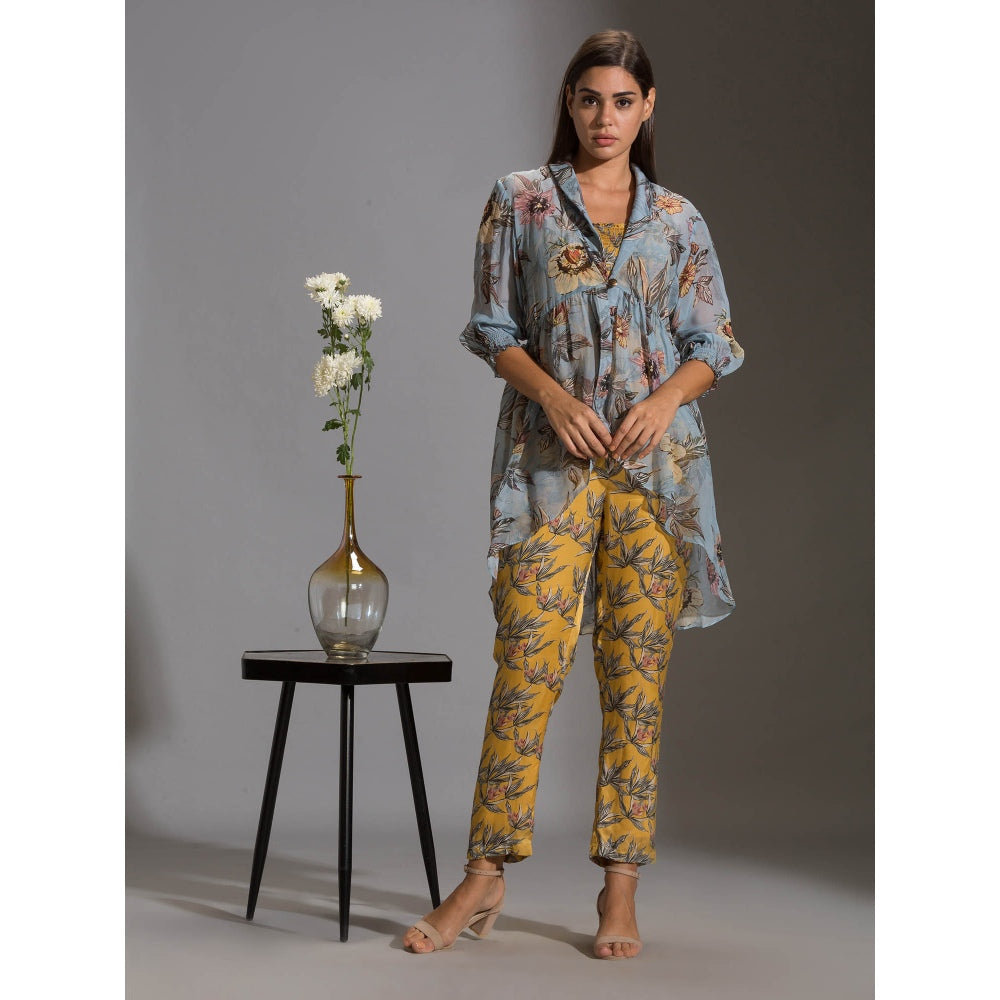 Soup By Sougat Paul Bottom Jumpsuit With Chiffon Collared Jacket And Rushed Sleeves (Set of 2)