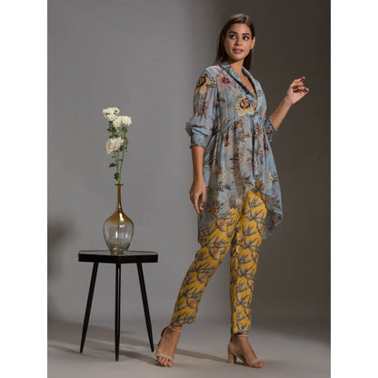 Soup By Sougat Paul Bottom Jumpsuit With Chiffon Collared Jacket And Rushed Sleeves (Set of 2)