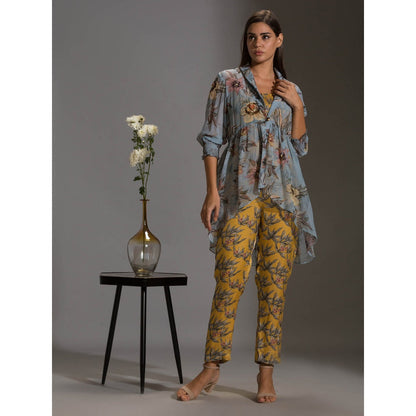 Soup By Sougat Paul Bottom Jumpsuit With Chiffon Collared Jacket And Rushed Sleeves (Set of 2)
