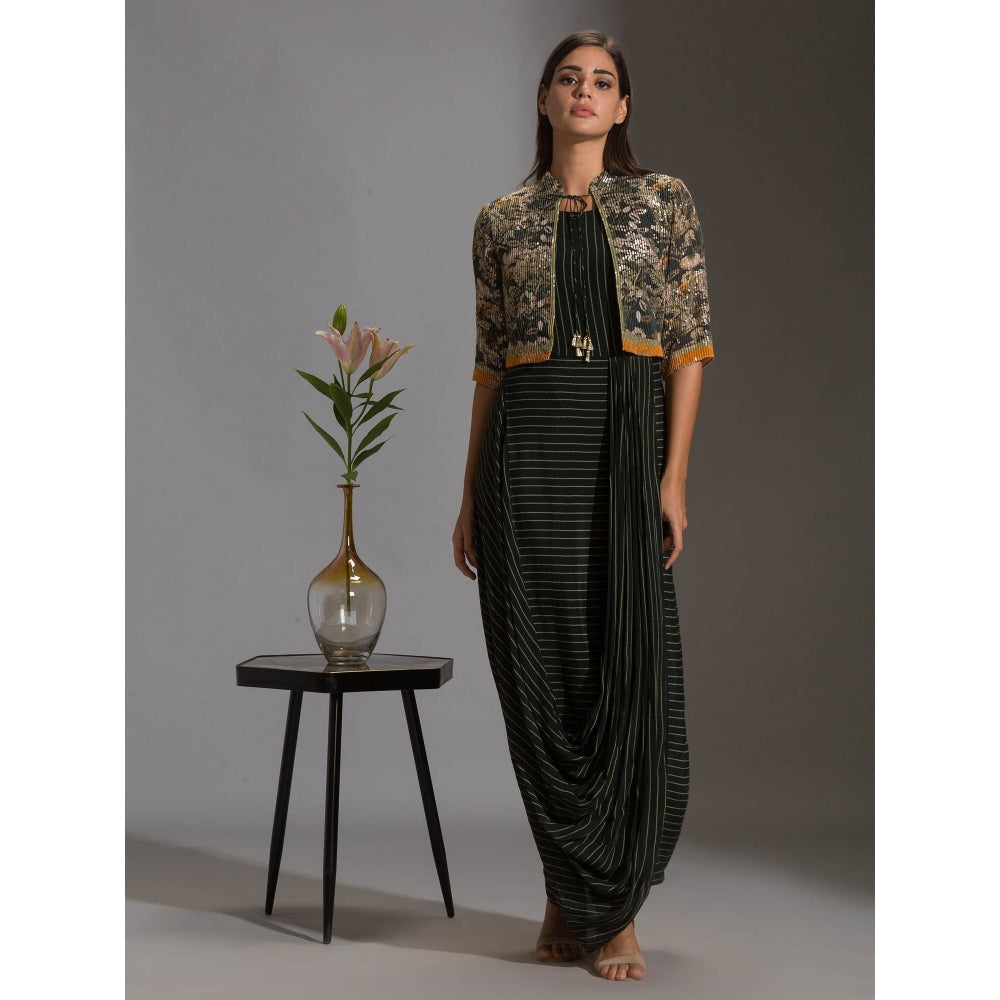 Soup By Sougat Paul Printed Drape Dress With Bomber Jacket (Set of 2)