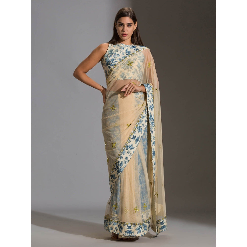 Soup By Sougat Paul Pre Stitched Pre Draped Net Saree With Incut Sleeveless Blouse (Set of 2)
