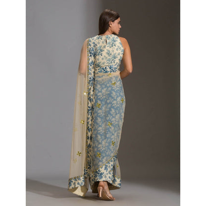 Soup By Sougat Paul Pre Stitched Pre Draped Net Saree With Incut Sleeveless Blouse (Set of 2)