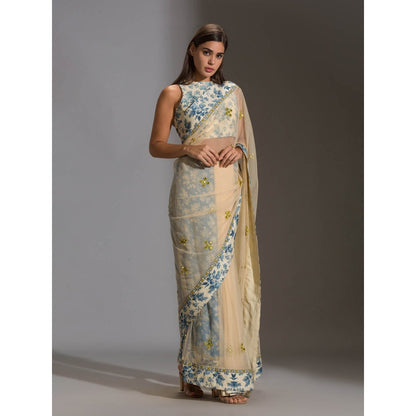 Soup By Sougat Paul Pre Stitched Pre Draped Net Saree With Incut Sleeveless Blouse (Set of 2)