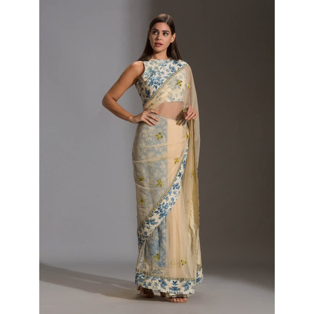 Soup By Sougat Paul Pre Stitched Pre Draped Net Saree With Incut Sleeveless Blouse (Set of 2)