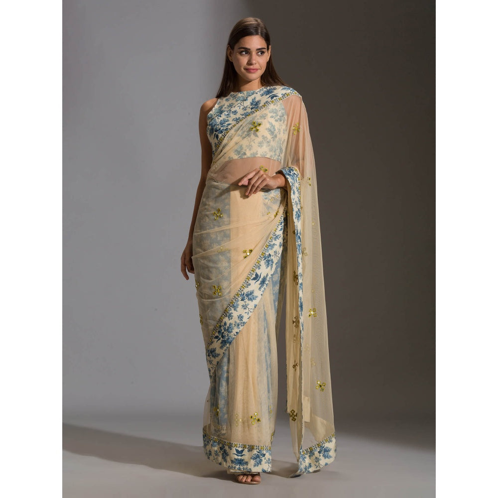 Soup By Sougat Paul Pre Stitched Pre Draped Net Saree With Incut Sleeveless Blouse (Set of 2)