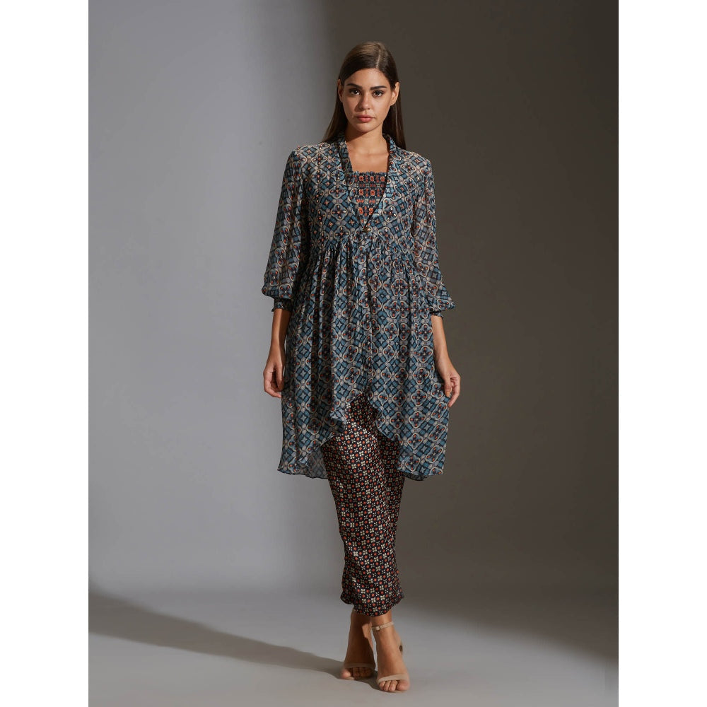 Soup By Sougat Paul Rushed Top Paired With Narrow Bottom Pants And Chiffon Jacket (Set of 3)