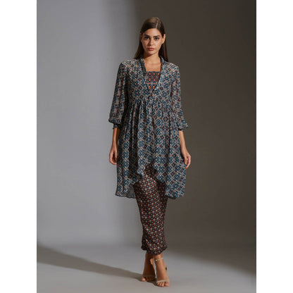 Soup By Sougat Paul Rushed Top Paired With Narrow Bottom Pants And Chiffon Jacket (Set of 3)