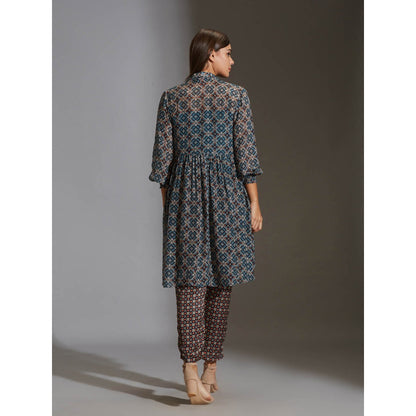 Soup By Sougat Paul Rushed Top Paired With Narrow Bottom Pants And Chiffon Jacket (Set of 3)