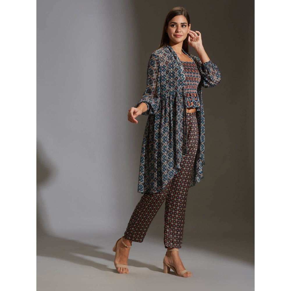 Soup By Sougat Paul Rushed Top Paired With Narrow Bottom Pants And Chiffon Jacket (Set of 3)