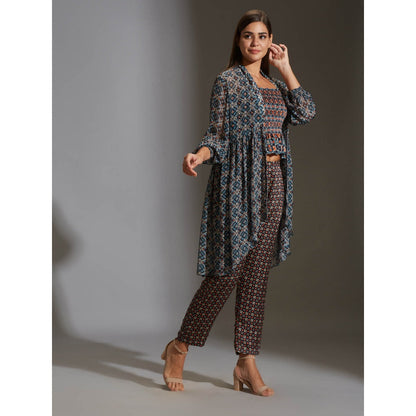 Soup By Sougat Paul Rushed Top Paired With Narrow Bottom Pants And Chiffon Jacket (Set of 3)