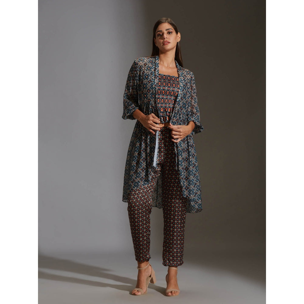 Soup By Sougat Paul Rushed Top Paired With Narrow Bottom Pants And Chiffon Jacket (Set of 3)