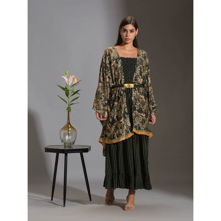 Soup By Sougat Paul Printed Rushed Jumpsuit With Belt And Paired With Sequence Cape (Set of 3)