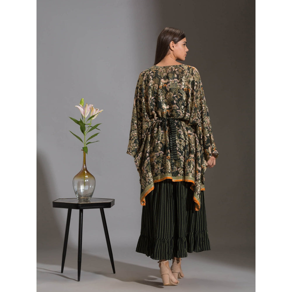 Soup By Sougat Paul Printed Rushed Jumpsuit With Belt And Paired With Sequence Cape (Set of 3)