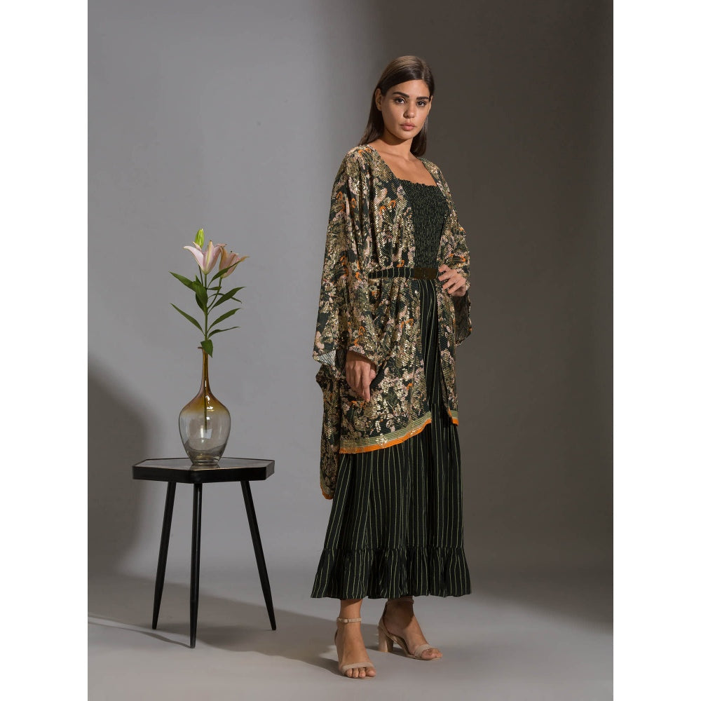 Soup By Sougat Paul Printed Rushed Jumpsuit With Belt And Paired With Sequence Cape (Set of 3)