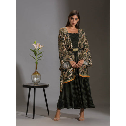 Soup By Sougat Paul Printed Rushed Jumpsuit With Belt And Paired With Sequence Cape (Set of 3)