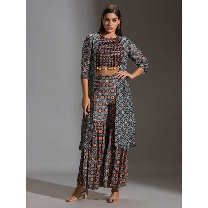 Soup By Sougat Paul Crop Top With Tassel Detail Paird With Sharara And Jacket (Set of 3)
