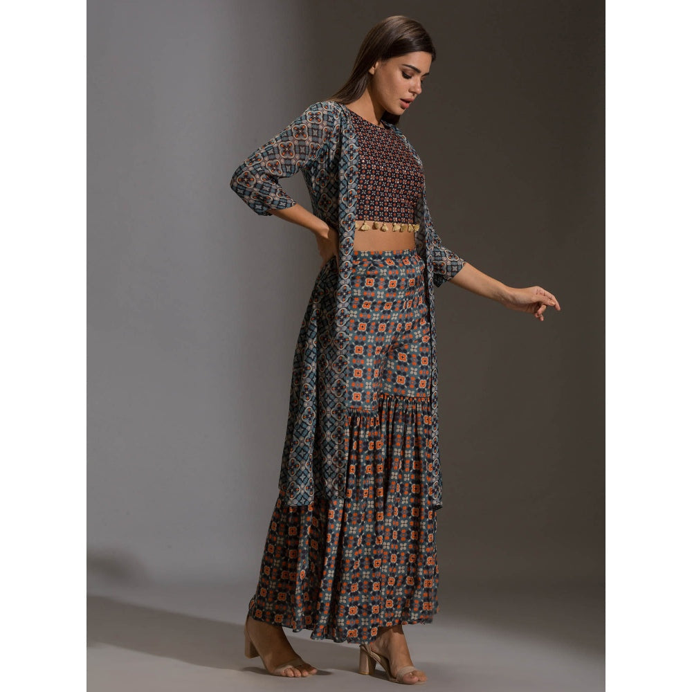 Soup By Sougat Paul Crop Top With Tassel Detail Paird With Sharara And Jacket (Set of 3)