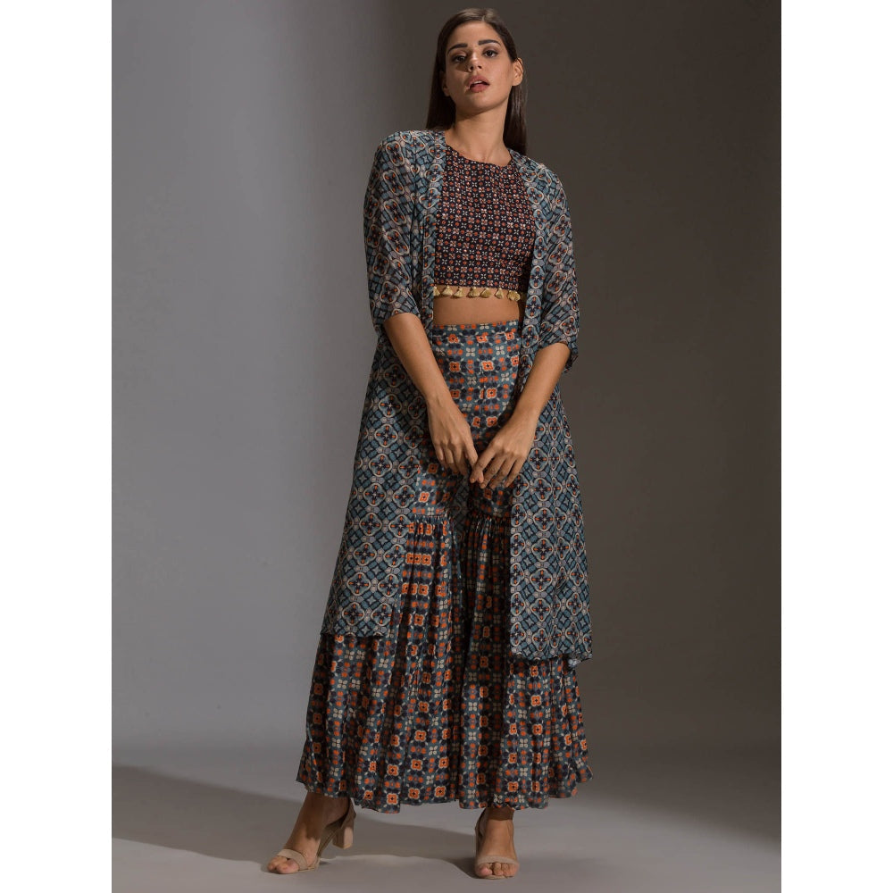 Soup By Sougat Paul Crop Top With Tassel Detail Paird With Sharara And Jacket (Set of 3)