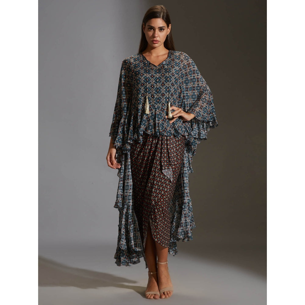 Soup By Sougat Paul Printed Drape Dress With Asymetrical Top With Frills (Set of 2)