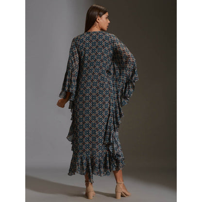 Soup By Sougat Paul Printed Drape Dress With Asymetrical Top With Frills (Set of 2)