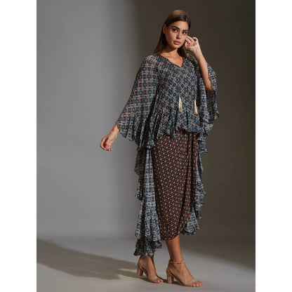 Soup By Sougat Paul Printed Drape Dress With Asymetrical Top With Frills (Set of 2)
