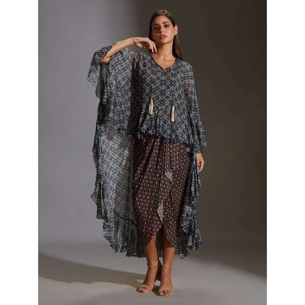 Soup By Sougat Paul Printed Drape Dress With Asymetrical Top With Frills (Set of 2)