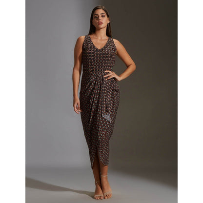 Soup By Sougat Paul Printed Drape Dress With Asymetrical Top With Frills (Set of 2)