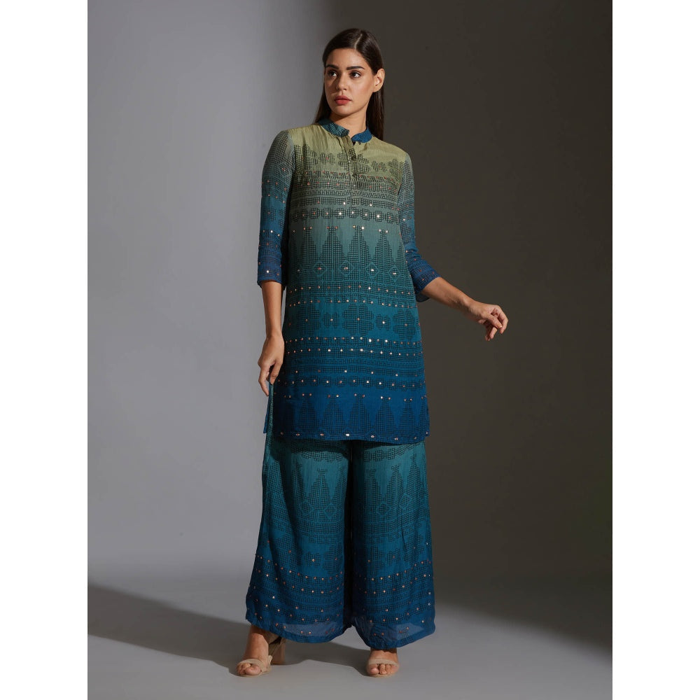 Soup By Sougat Paul Kurta With Side Slits And Pants With Mirror Work Embroidery (Set of 2)