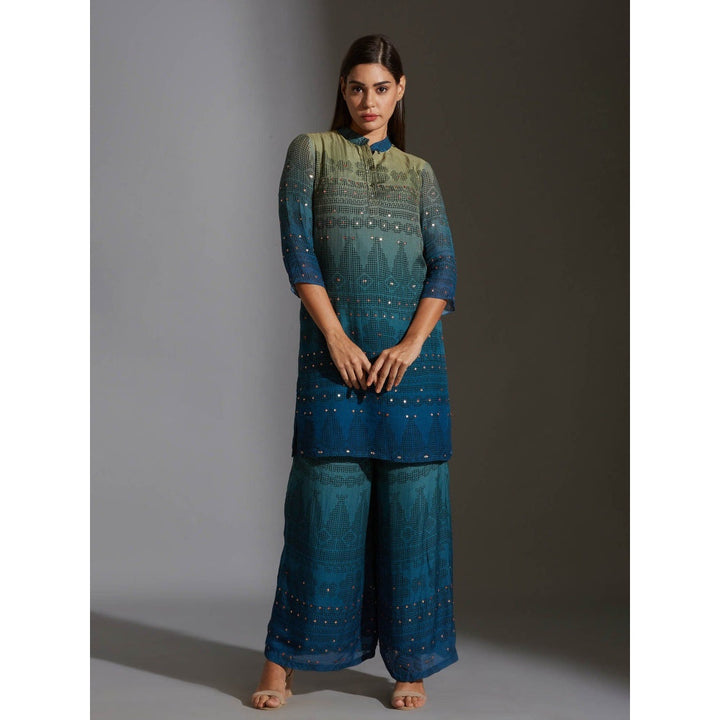Soup By Sougat Paul Kurta With Side Slits And Pants With Mirror Work Embroidery (Set of 2)