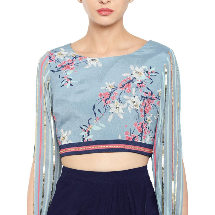 Soup by Sougat Paul Crop Top With 3/4Th Sleeves With Draped Skirt- Customisable (Set of 2)