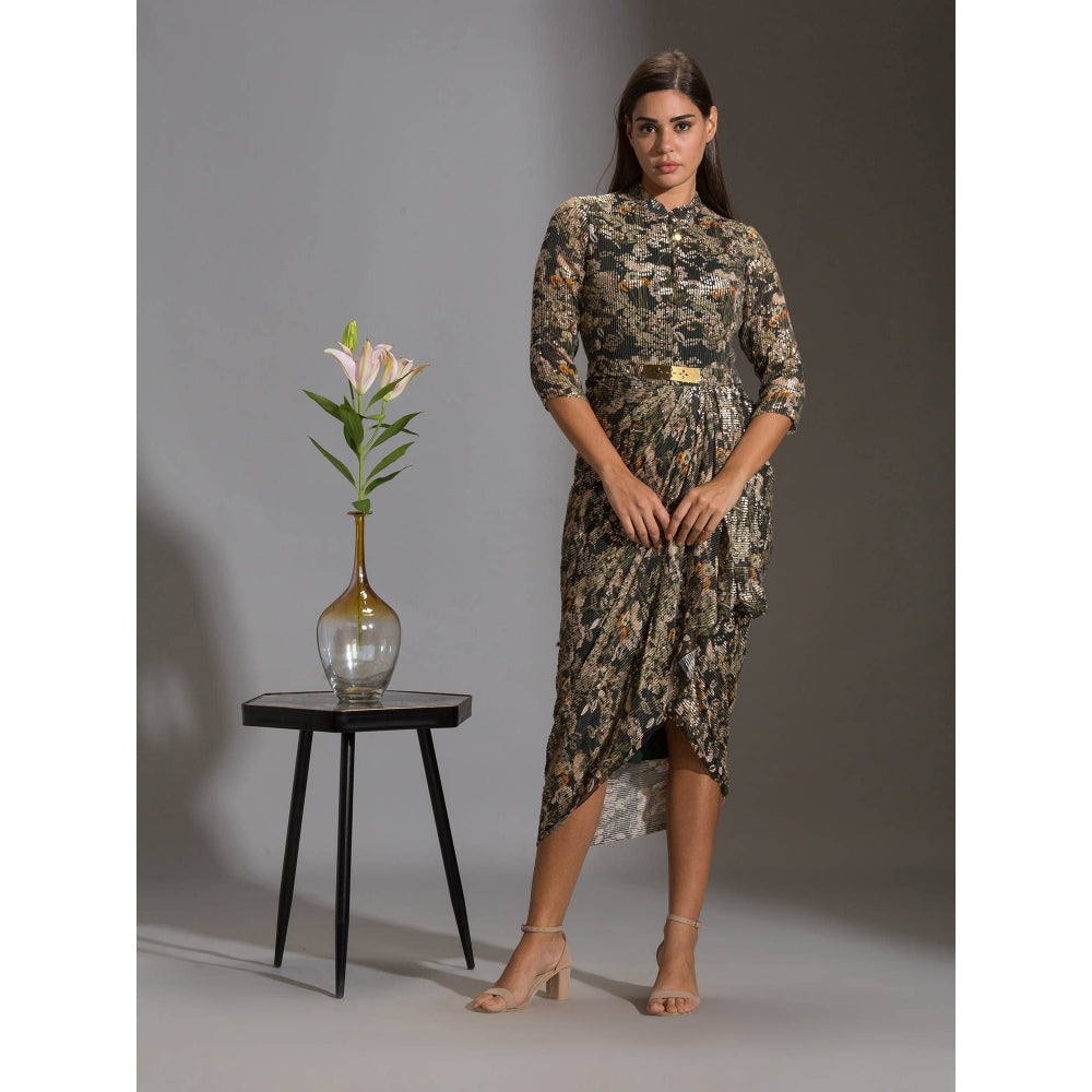 Soup By Sougat Paul Printed Sequence Drape Dress With Goldenbelt (Set of 2)