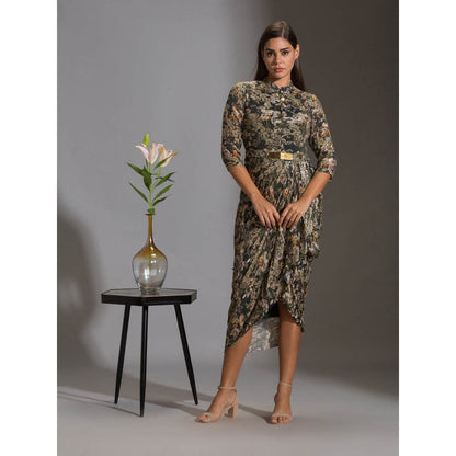 Soup By Sougat Paul Printed Sequence Drape Dress With Goldenbelt (Set of 2)
