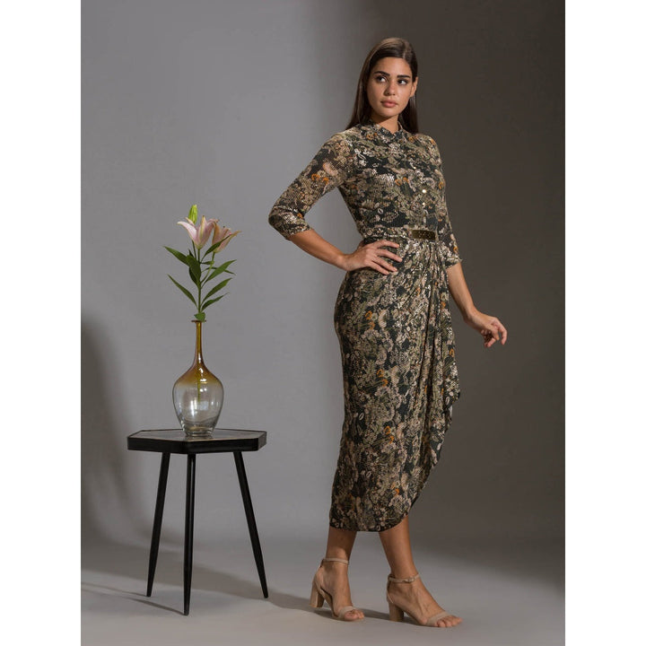 Soup By Sougat Paul Printed Sequence Drape Dress With Goldenbelt (Set of 2)