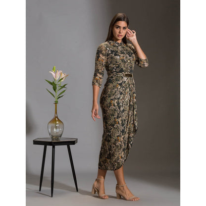 Soup By Sougat Paul Printed Sequence Drape Dress With Goldenbelt (Set of 2)