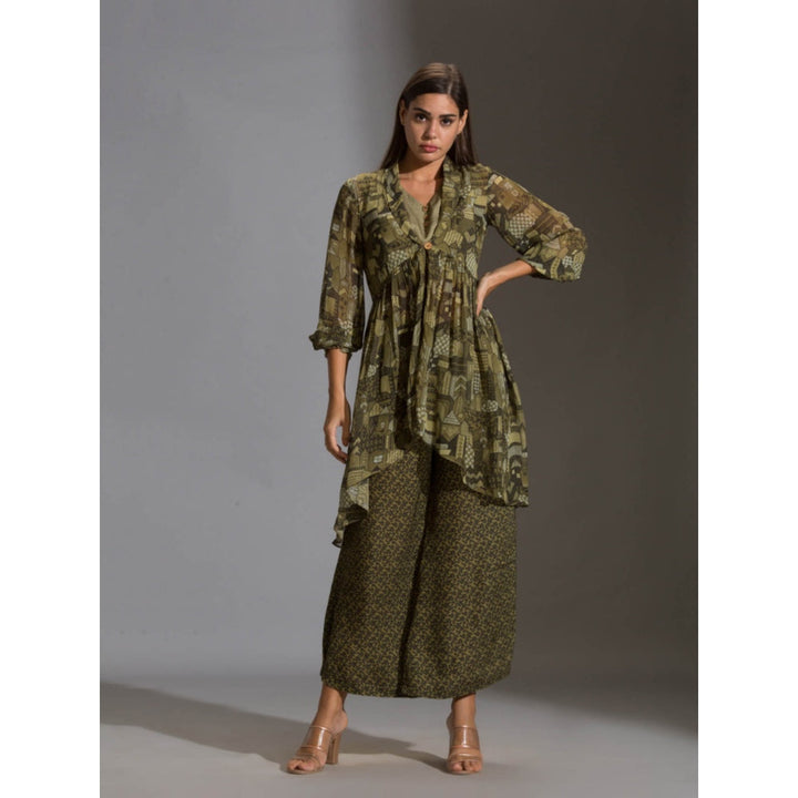 Soup By Sougat Paul Printed Crop Top Paired With Printed Flared Pants And Rushed Jacket (Set of 3)