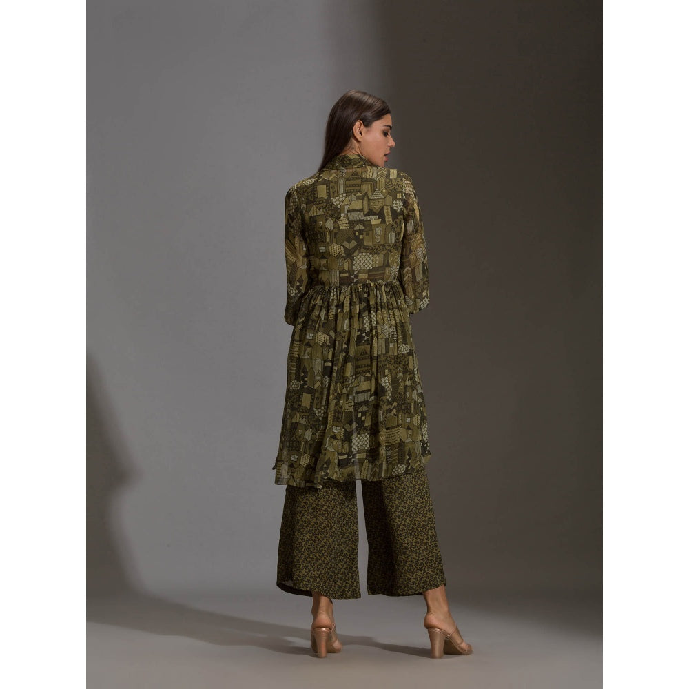 Soup By Sougat Paul Printed Crop Top Paired With Printed Flared Pants And Rushed Jacket (Set of 3)