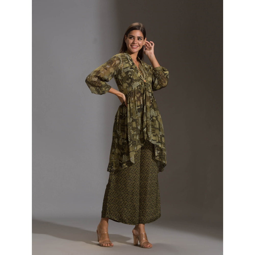 Soup By Sougat Paul Printed Crop Top Paired With Printed Flared Pants And Rushed Jacket (Set of 3)