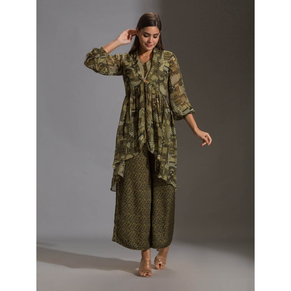 Soup By Sougat Paul Printed Crop Top Paired With Printed Flared Pants And Rushed Jacket (Set of 3)