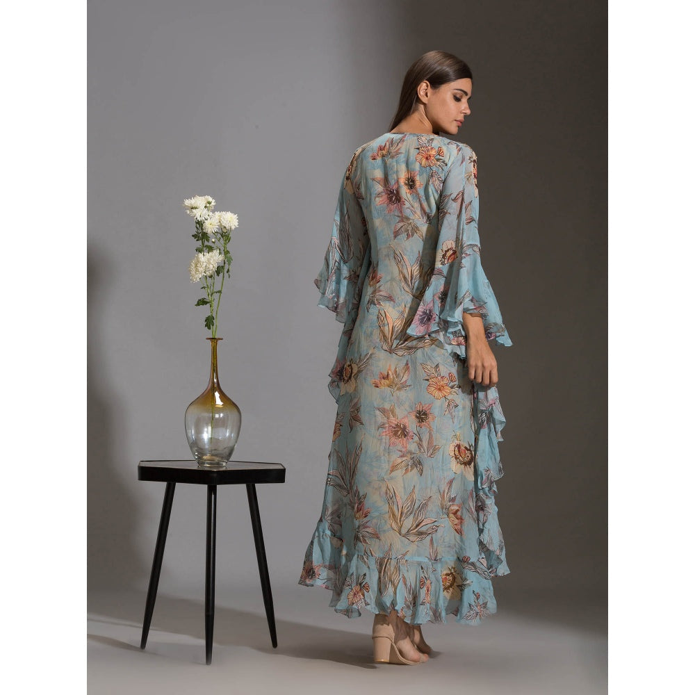 Soup By Sougat Paul Printed Jumpsuit Paired With Printed Asymmetrical Top With Frills (Set of 2)