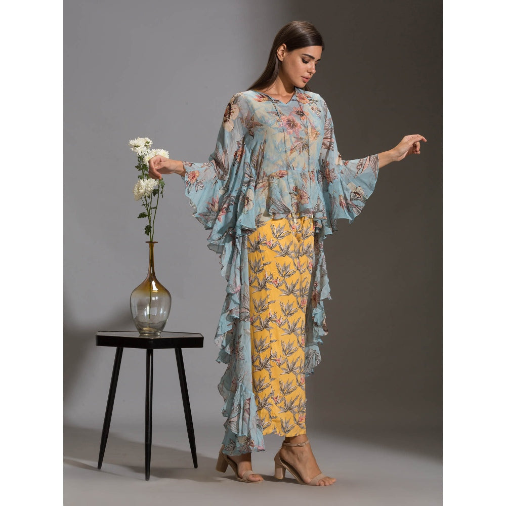 Soup By Sougat Paul Printed Jumpsuit Paired With Printed Asymmetrical Top With Frills (Set of 2)