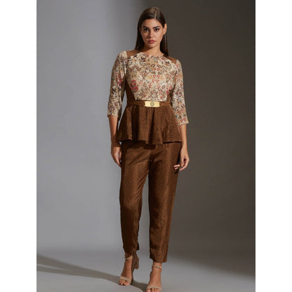 Soup By Sougat Paul Pepmlum Top With Belt Paired With Printed Pants (Set of 3)