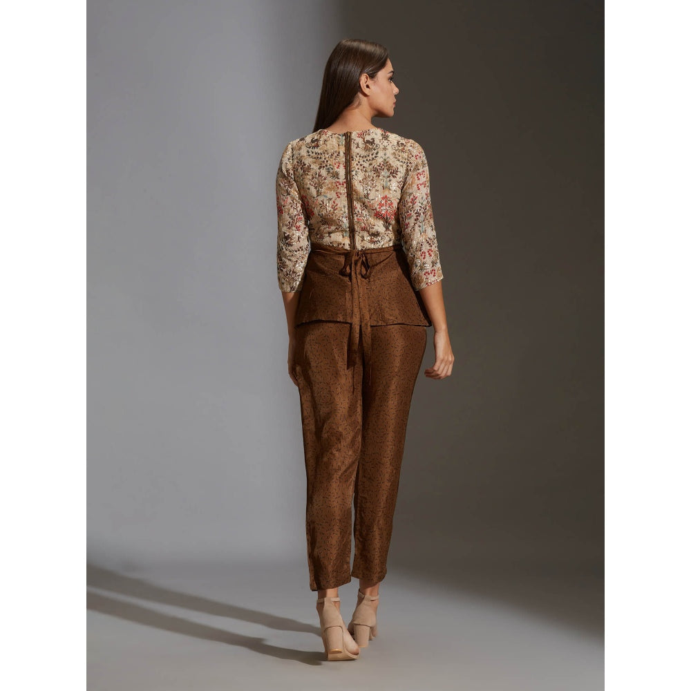 Soup By Sougat Paul Pepmlum Top With Belt Paired With Printed Pants (Set of 3)