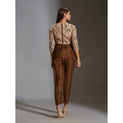 Soup By Sougat Paul Pepmlum Top With Belt Paired With Printed Pants (Set of 3)