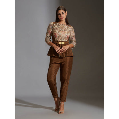 Soup By Sougat Paul Pepmlum Top With Belt Paired With Printed Pants (Set of 3)