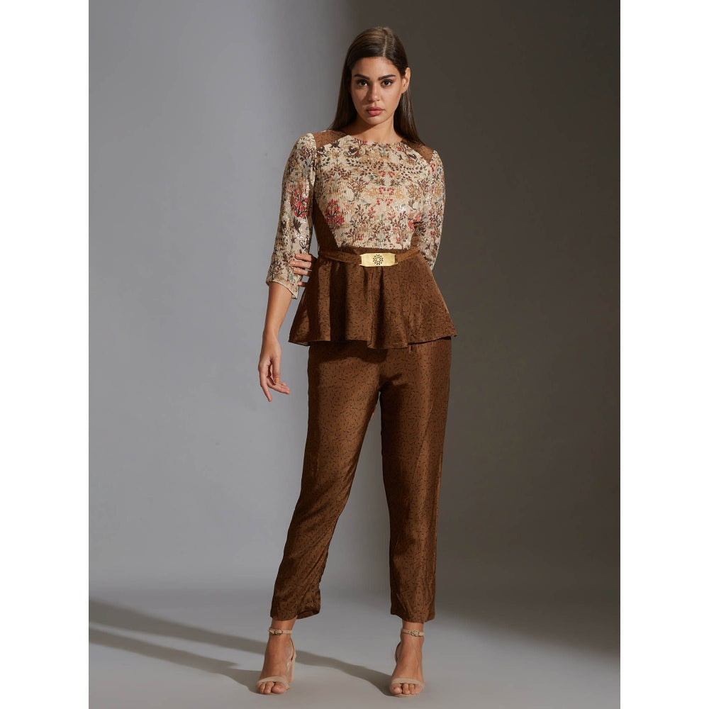 Soup By Sougat Paul Pepmlum Top With Belt Paired With Printed Pants (Set of 3)